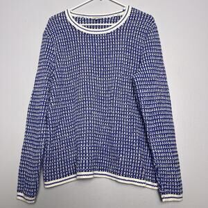 Talbots Womens Cotton Cable Knit Crew Neck Sweater Blue White Sz XL